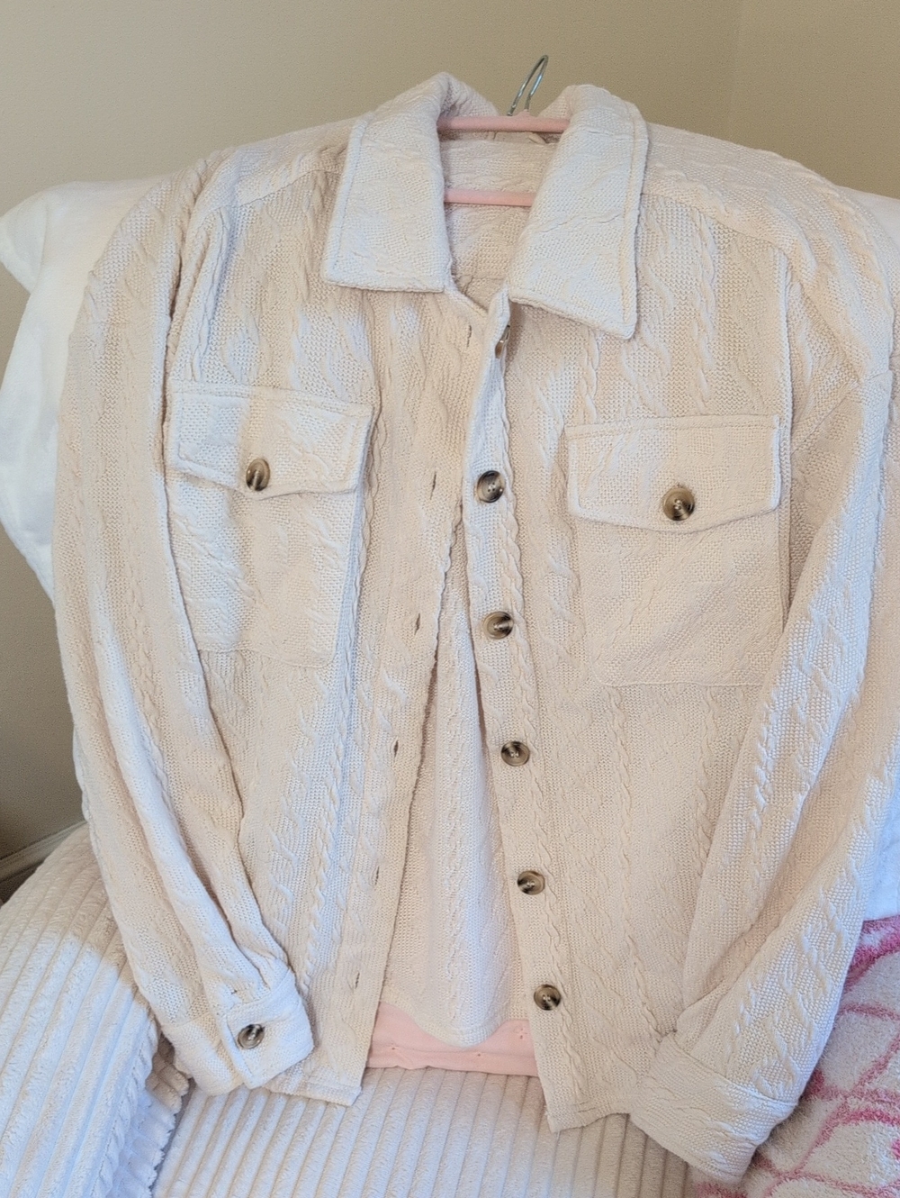 Cream Cable Knit Button-Front Jean Jacket